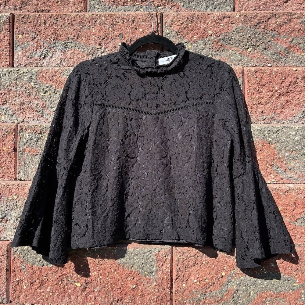 Jack by BB Dakota Blouse Womens Small Elegant Black Lace High Neck Bell Sleeves